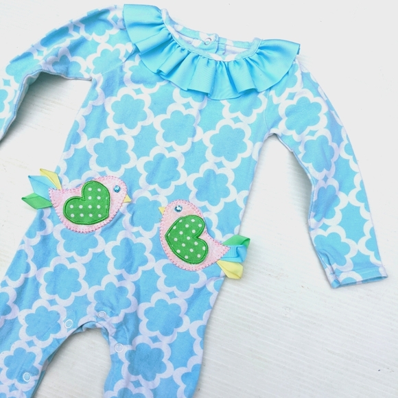MUD PIE baby girls bird applique blue printed romper - Picture 3 of 6